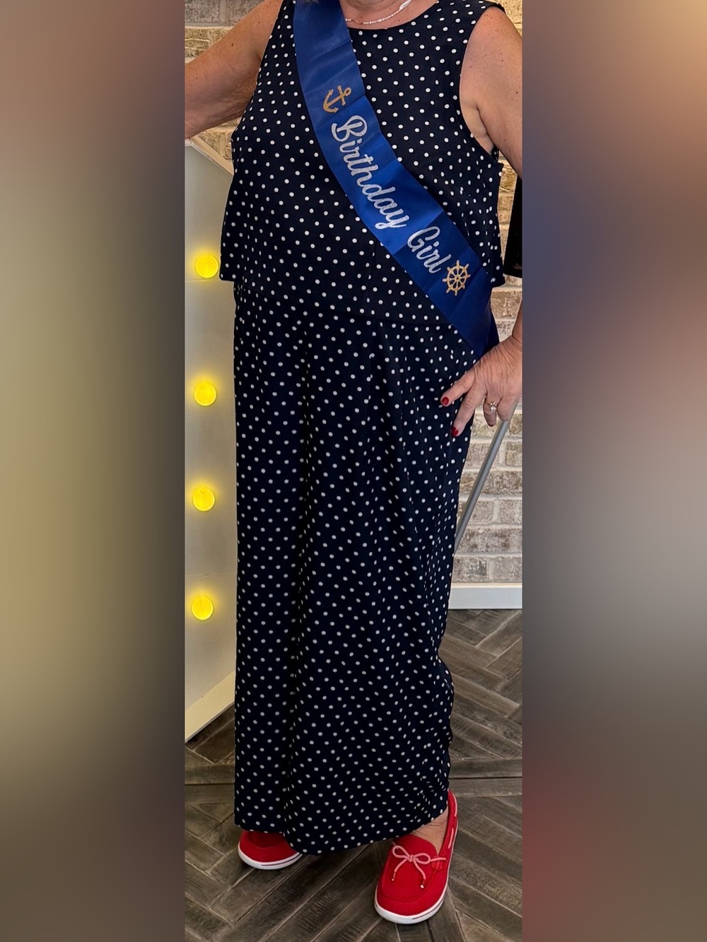 Lands' End Navy Polka Dot Sleeveless Jumpsuit